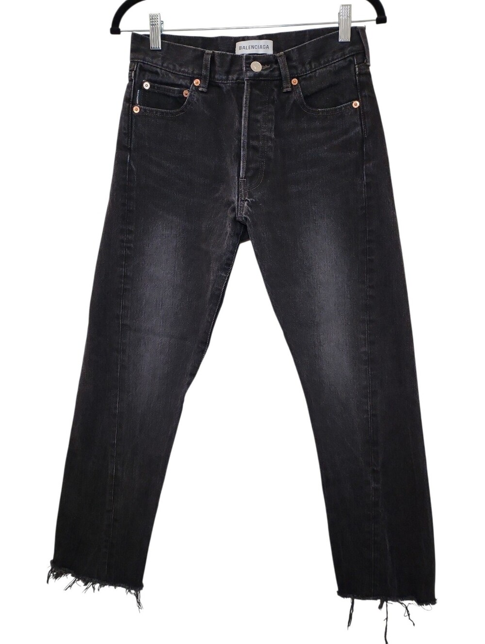 Balenciaga Women's Washed Black Straight-Leg Jeans with Frayed Hem Size 26